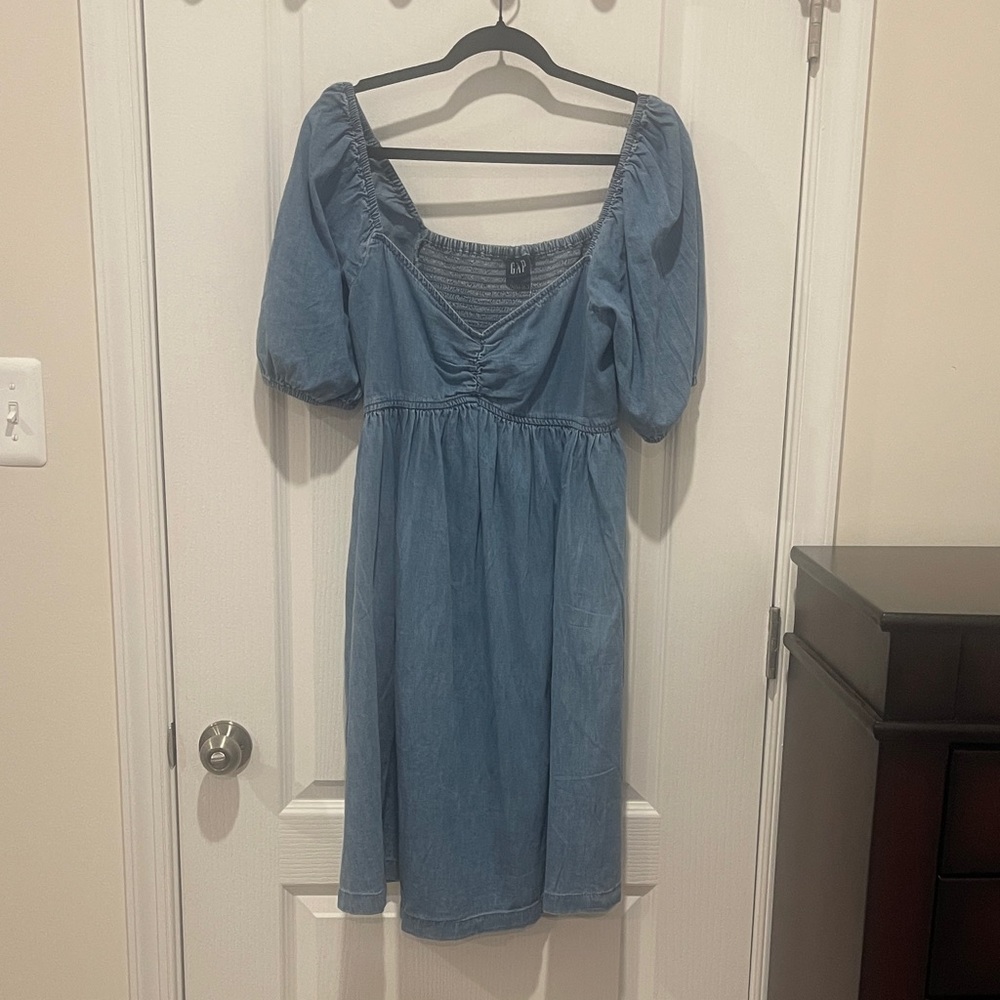 GAP Blue Midi Dress with Puff Sleeves